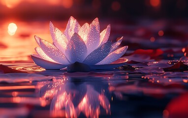 Glowing lotus flower in tranquil water at sunset