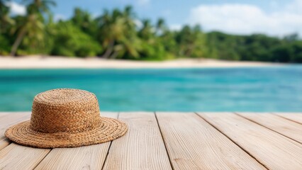 Straw hat resting on wooden deck overlooking tropical beach