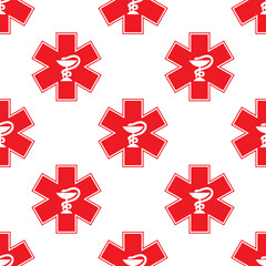 Obraz premium Seamless vector pattern with red medical symbols featuring the Rod of Asclepius. Clean, minimal design suitable for healthcare, pharmaceutical, and emergency-related projects.