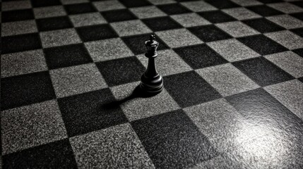 A single black chess piece--king--standing tall in the middle of an empty board, the surrounding squares casting dramatic shadows from a single light above