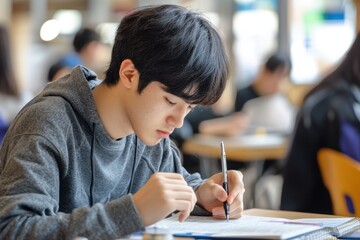 Student focused on studying with notes and pen in a busy indoor study environment