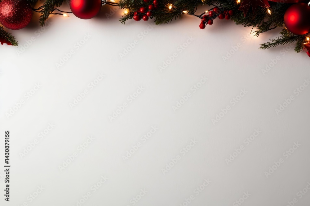 Aufkleber Evergreen branches adorned with shiny red baubles and golden ribbons create a festive border, complemented by twinkling lights on a transparent backdrop