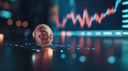 A shiny Bitcoin coin rests next to a digital chart showing price fluctuations, illuminated with blue and gold tones, creating a futuristic financial atmosphere