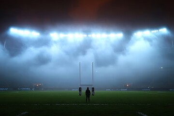 Silhouette figure stands amidst stadium lights and fog.