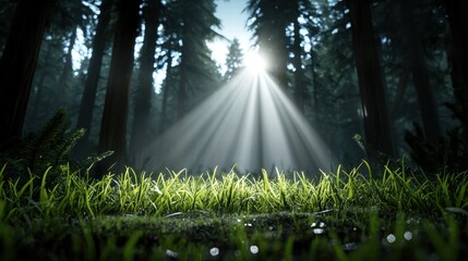 dew-covered grass in a forest clearing with sunlight streaming through