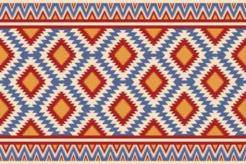 Traditional geometric pattern featuring diamonds and zigzag designs in red, blue, and beige creating a visually appealing textile backdrop.