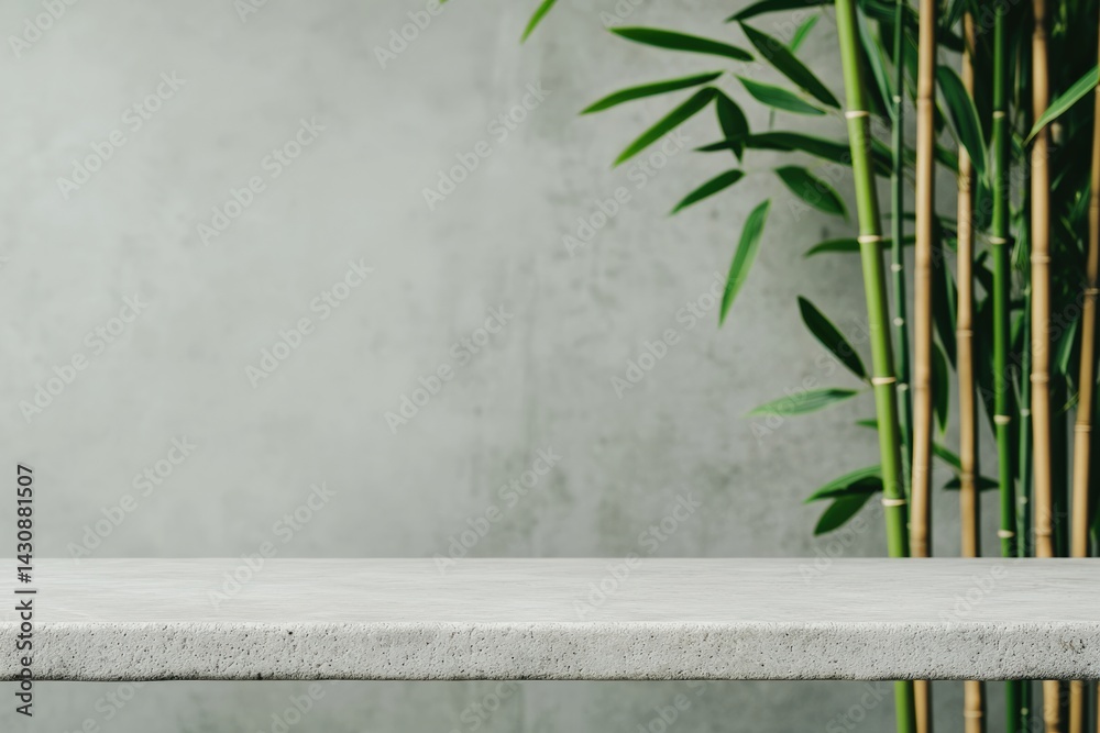 Aufkleber Empty stone tabletop with blurred bamboo forest background, creating a tranquil zen-inspired setting