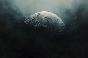 A somber, celestial moon shrouded in atmospheric mist.