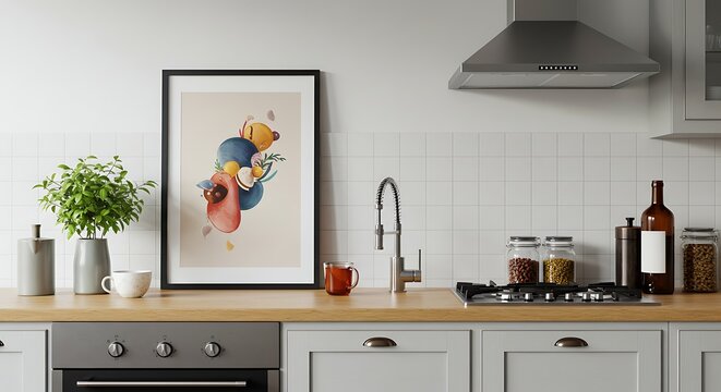 Abstract Modern Kitchen Wall Art Print Colorful Shapes and Floral Elements for Home Decor