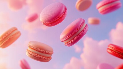 Obraz premium Colorful macarons floating on a pink cloudy background