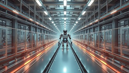 Robot Walking on Metal Path in Futuristic Corridor