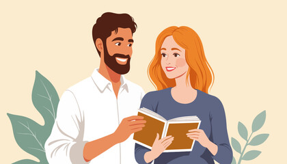 Fototapeta premium Happy couple sharing a photo album in a cozy setting, cherished memories