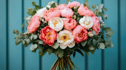 Obraz premium Beautiful bouquet of pink and white peonies. Lush floral arrangement with green foliage. A gift of love and appreciation