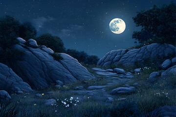 Fototapeta premium A serene, moonlit mountain landscape at night.