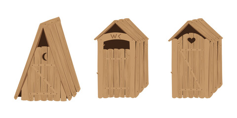 Outdoor restroom. Vector illustration with a set of village wooden toilets of various shapes.
