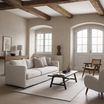 Mediterranean-inspired living room with arched windows and natural wood textures