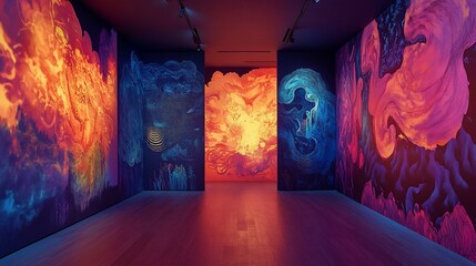 Colorful artwork on walls in a hallway, creating a vibrant, immersive experience