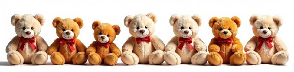 Collection of cute teddy bears in various poses on white backdrop, cuddly, adorable, fluffy