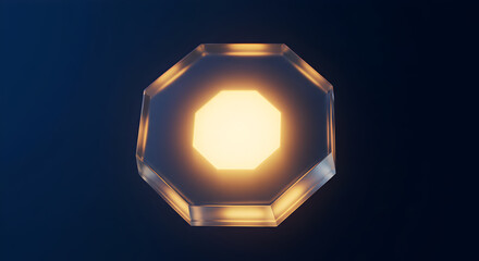Glowing Octagon Shape With Refractive Glass On Dark Blue Background