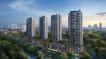 Obraz premium Modern high-rise apartment buildings with intricate architecture nestled amidst a verdant landscape
