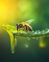 Naklejka premium Honeybee on dewy leaf