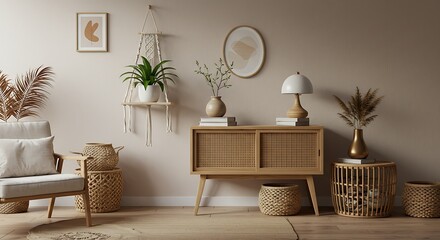 Serene Bohemian Living Room Decor Neutral Tones, Natural Textures, and Stylish Mid-Century Modern Furniture