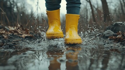 A child's yellow rain boots splashing through a muddy puddle.