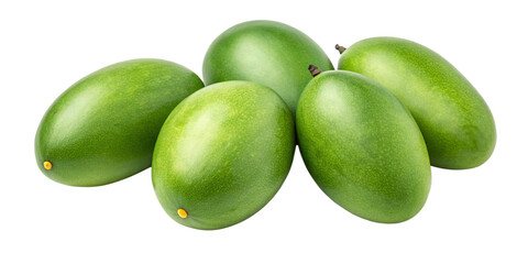Obraz premium Green mangoes cluster of unripe fruit isolated on transparent background