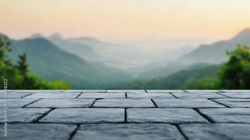 Aufkleber empty stone table showcasing misty mountain range at dawn