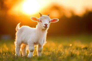 Obraz premium Young White Goat Stands in Sunset Meadow