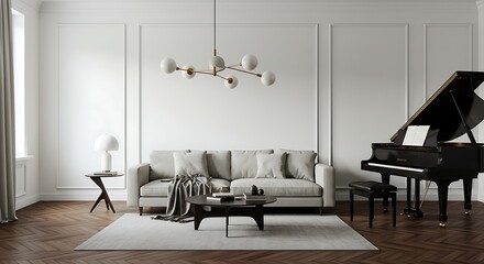 Elegant Living Room Interior Design Piano, Sofa, and Modern Lighting