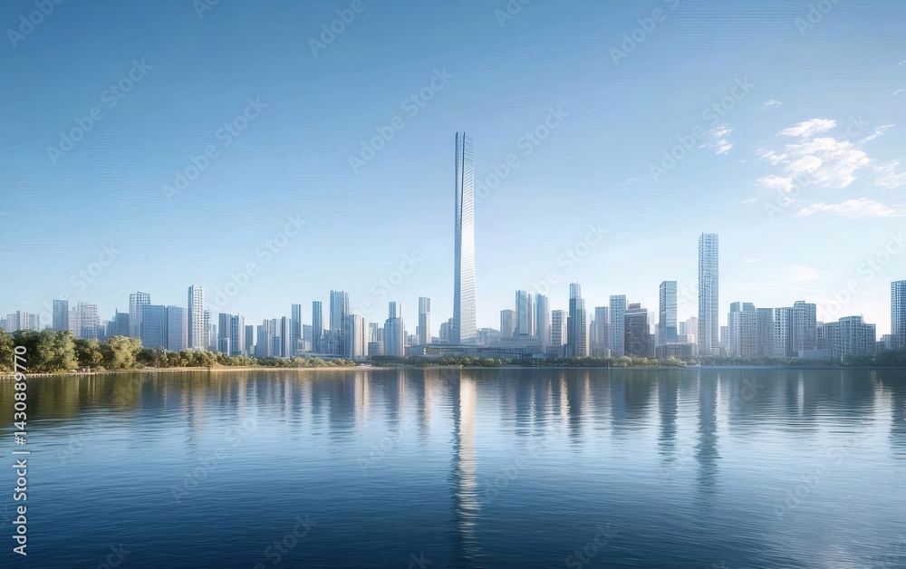 Aufkleber 青い空と水辺にそびえ立つ近代的な高層ビルの都市景観 美しい風景と自然の調和 晴れた日の明るい都市部