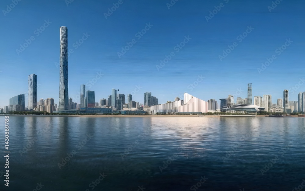 Aufkleber 広々とした青い空の下都市景観水辺にそびえ立つモダンな高層ビル群のパノラマビュー