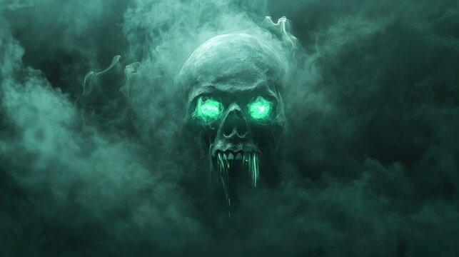 Glowing skull in a smoky, ethereal scene