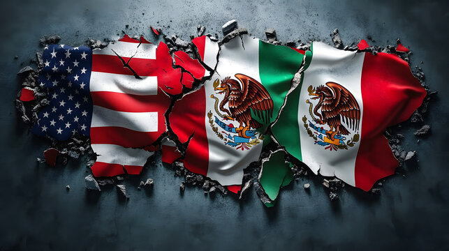 Flags of the usmca members breaking apart, representing the trade war and tariffs between united states, mexico and canada