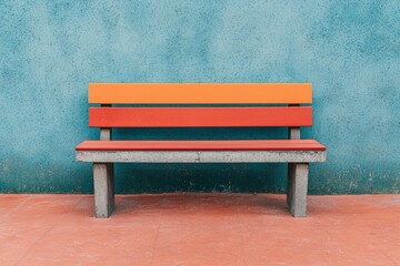 Colorful bench stands out against teal wall and red floor