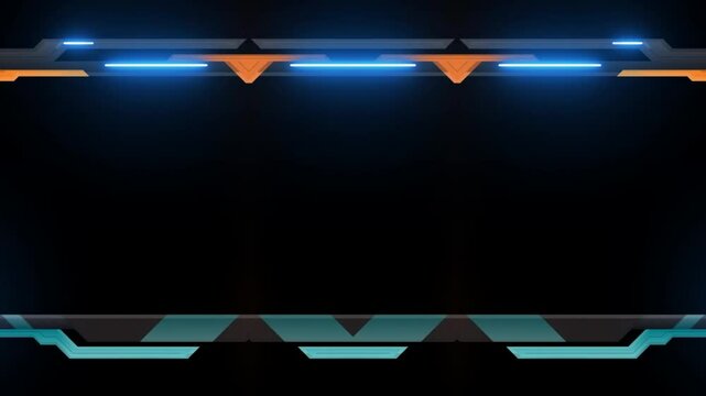 Long horizontal mechanical moving blue lights perpendicular aquamarine lines frame on black background with space for your own content.
