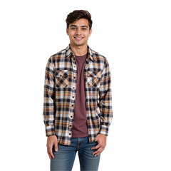Fototapeta premium Confident Young Adult Male in a Checkered Flannel Shirt and Casual Tee, Posing Against a transparent background