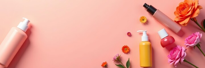 Colorful cosmetic items neatly placed on a peach-colored surface with flowers, stylish, wellness