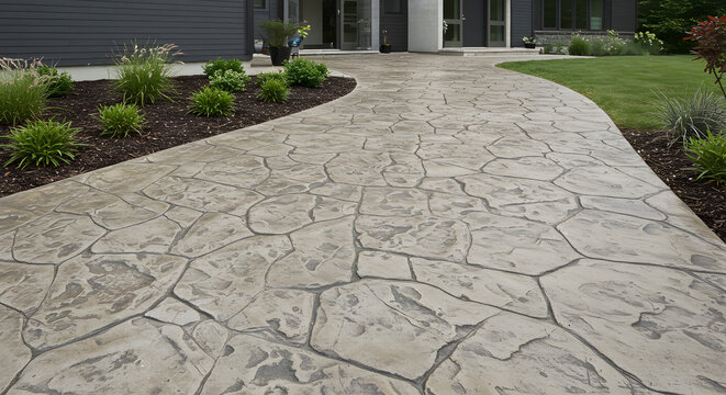 Stone-effect Walkway: Elegant, Curving Concrete Pathway