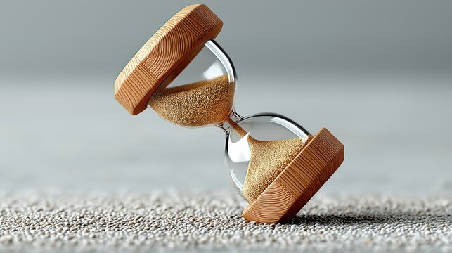 A tilted hourglass with wooden base and sand slowly flowing through the narrow neck rests on a textured surface representing the passage of time and fleeting moments.
