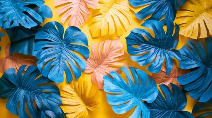Vibrant tropical leaves in a flat lay design, embodying simplicity and summer essence.