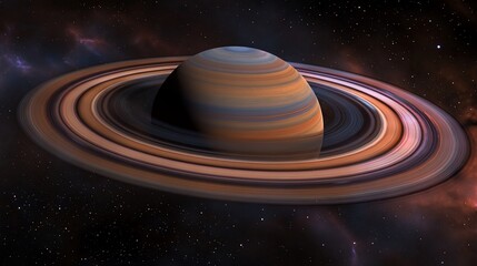 A detailed 3D rendering of a ringed planet in space.