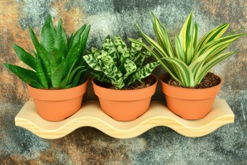 Three potted plants on a wooden shelf