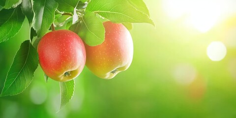 Two ripe red apples hanging on a tree branch