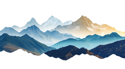 Panorama view of blue mountains under morning sky with fog, isolated on transparent background. PNG