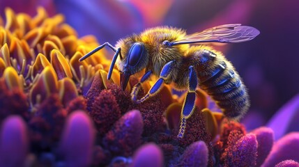 Close-up of a honeybee collecting pollen from a vibrant flower.