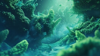 Fototapeta premium Ethereal Underwater Scene with Vibrant Marine Flora and Light Effects