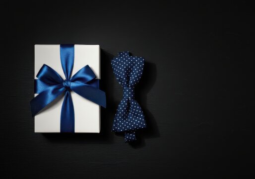 Stylish gift box with blue bow and polka dot bowtie on dark background  