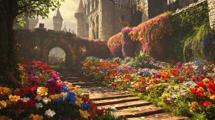 A colorful flower-filled pathway leading to a medieval castle, with vibrant blossoms cascading down the stone walls.